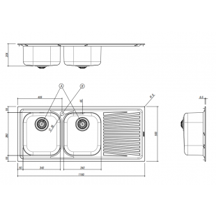 116x50 cm VEGA built-in sink - 2 bowls + right drainer