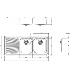 116x50 cm VEGA built-in sink - 2 bowls + left drainer