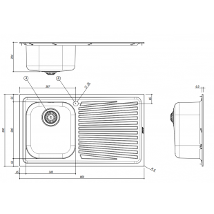 86x50 cm VEGA built-in sink - 1 bowl + right drainer