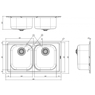 86x50 cm VEGA built-in sink - 2 bowls