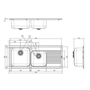 Lavello OMNIA incasso inox 116x50 - 2 Vasche + gocciolatoio destro