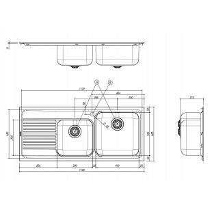 116x50 cm OMNIA built-in sink - 2 bowls + left drainer