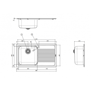 86x50 cm OMNIA built-in sink - 1 bowl + right drainer